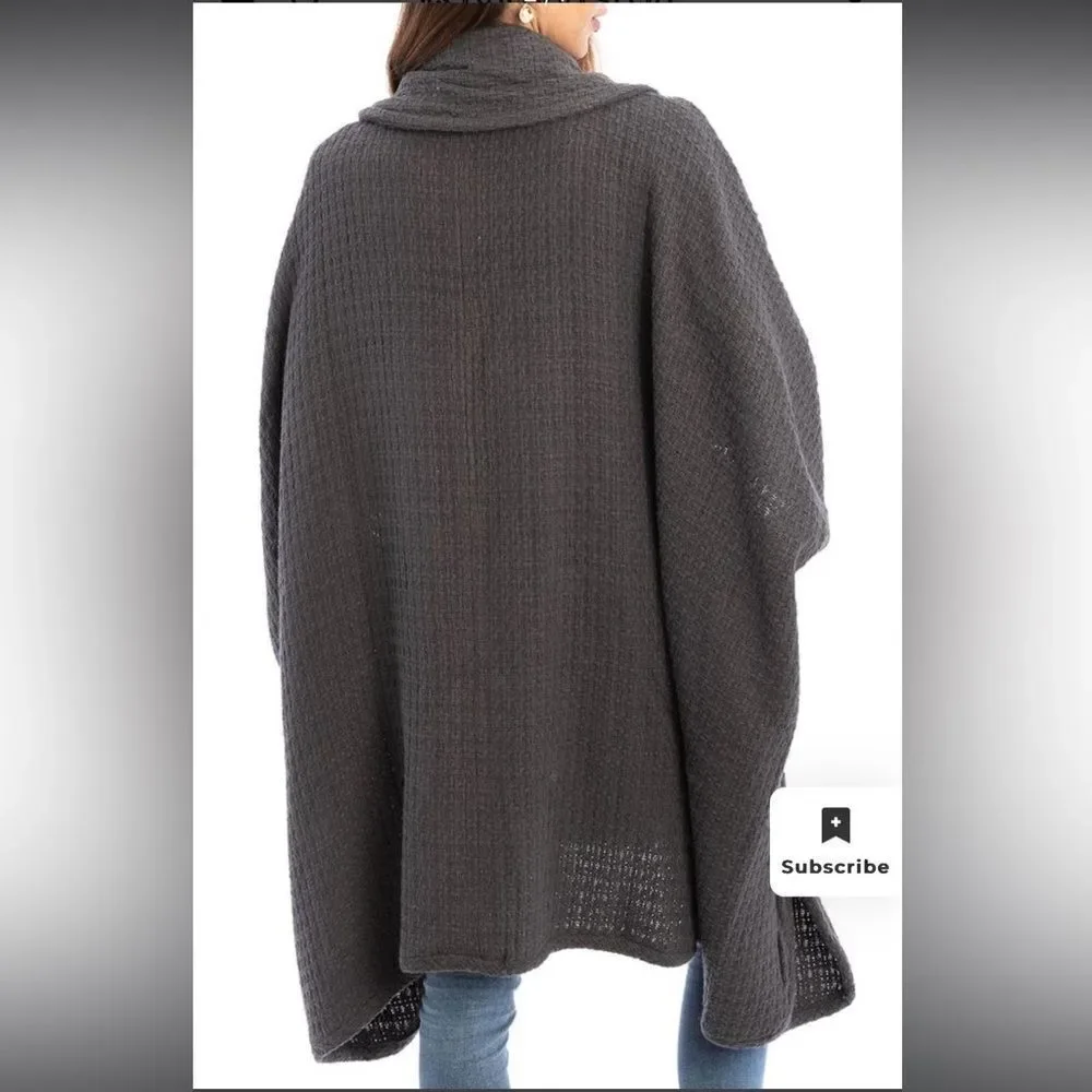 SAACHI Waffle Knit Topper Cape Scarf Cardigan Wrap in Dark Gray Cotton One Size - Picture 3 of 12